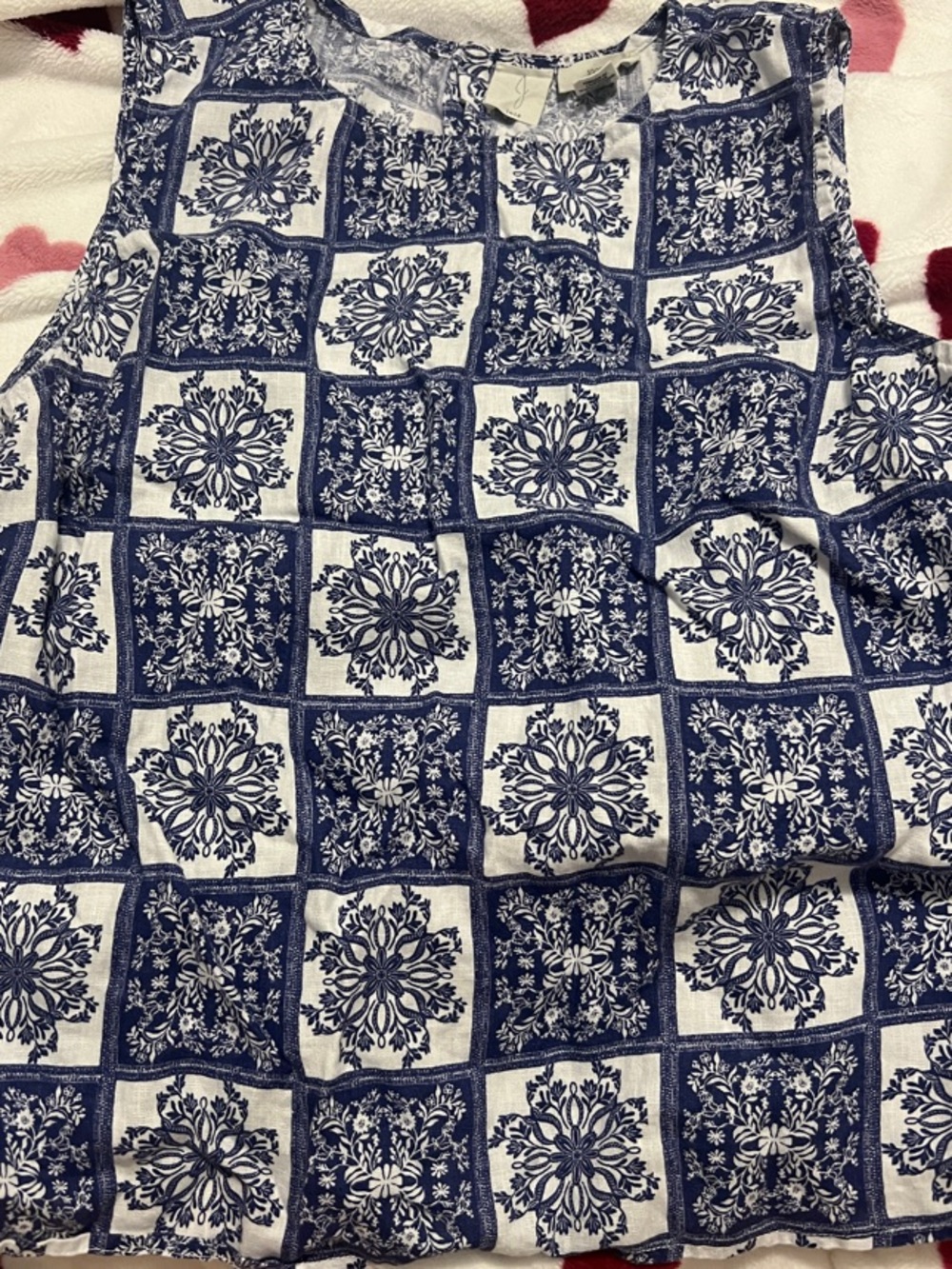 Joie Navy and White Printed Linen Sleeveless Top